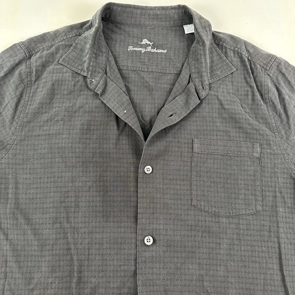 Tommy Bahama Heavy 100% Silk Shirt Men XXL 2XL Black Short Sleeve Diamond Weave
